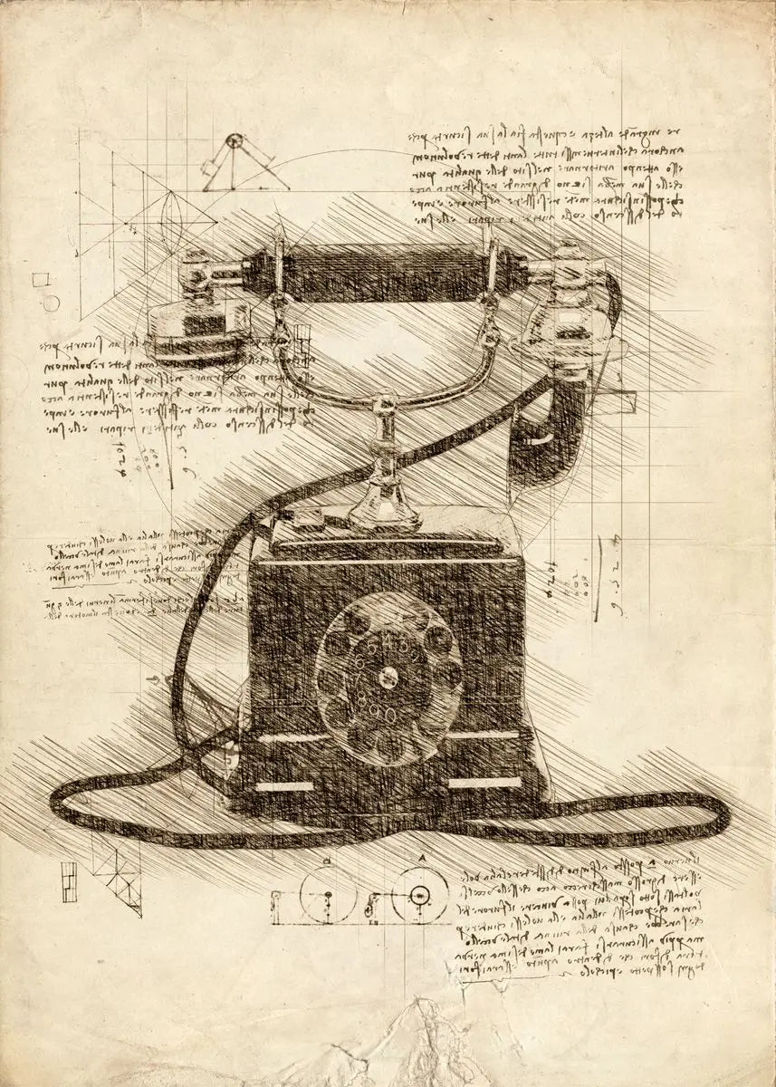 Technical drawing of a telephone a textured paper background