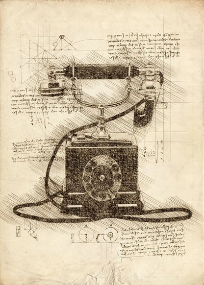 Technical drawing of a telephone a textured paper background