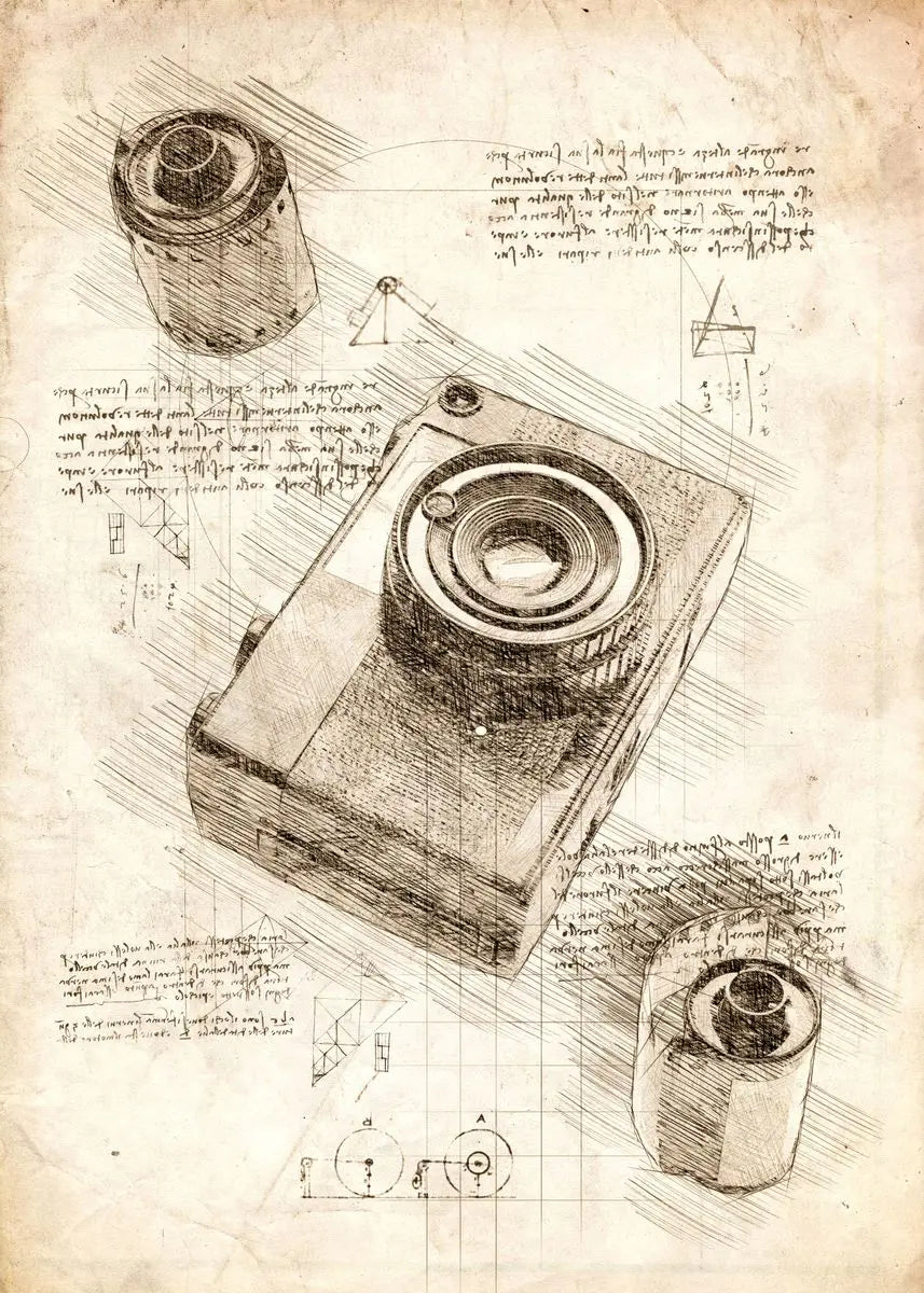 Technical drawing of a camera with annotations on a textured paper background