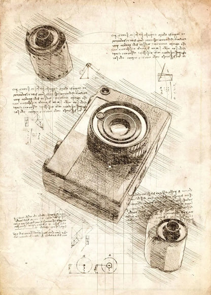 Technical drawing of a camera with annotations on a textured paper background