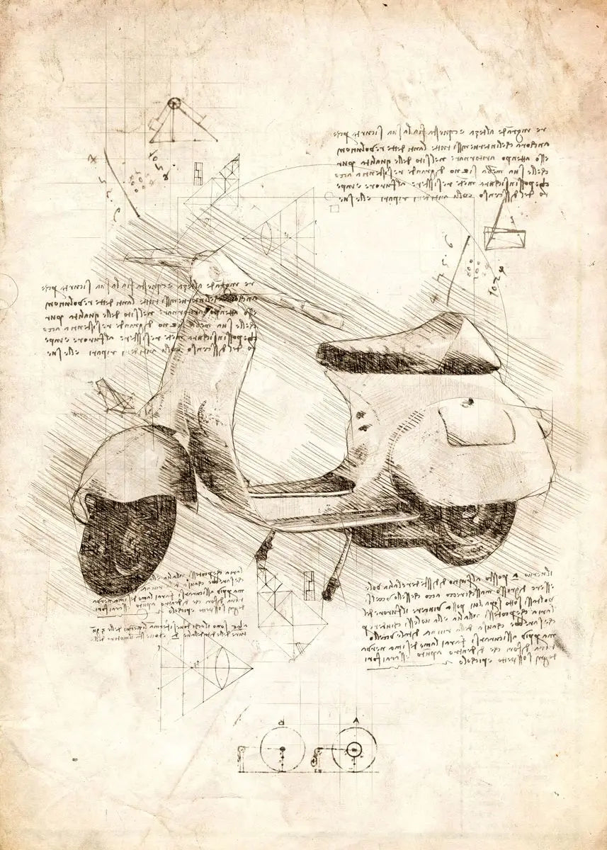 Technical drawing of a vehicle on a textured paper background with text and diagrams.
