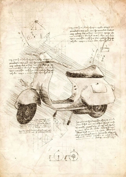 Technical drawing of a vehicle on a textured paper background with text and diagrams.