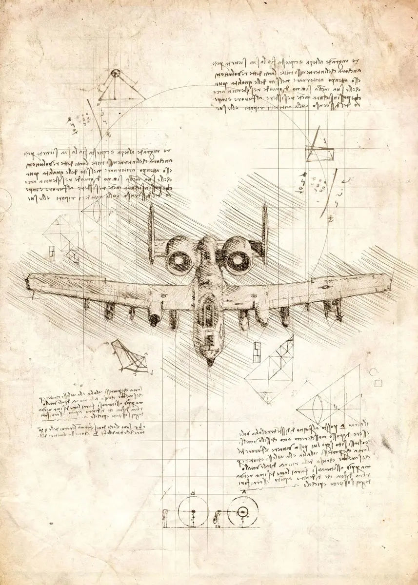 Technical drawing of an airplane on a textured paper background