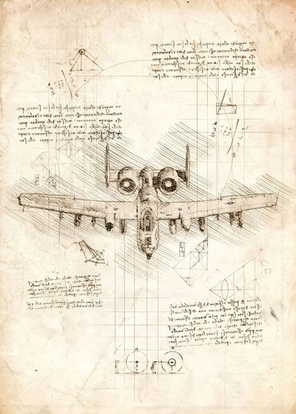 Technical drawing of an airplane on a textured paper background