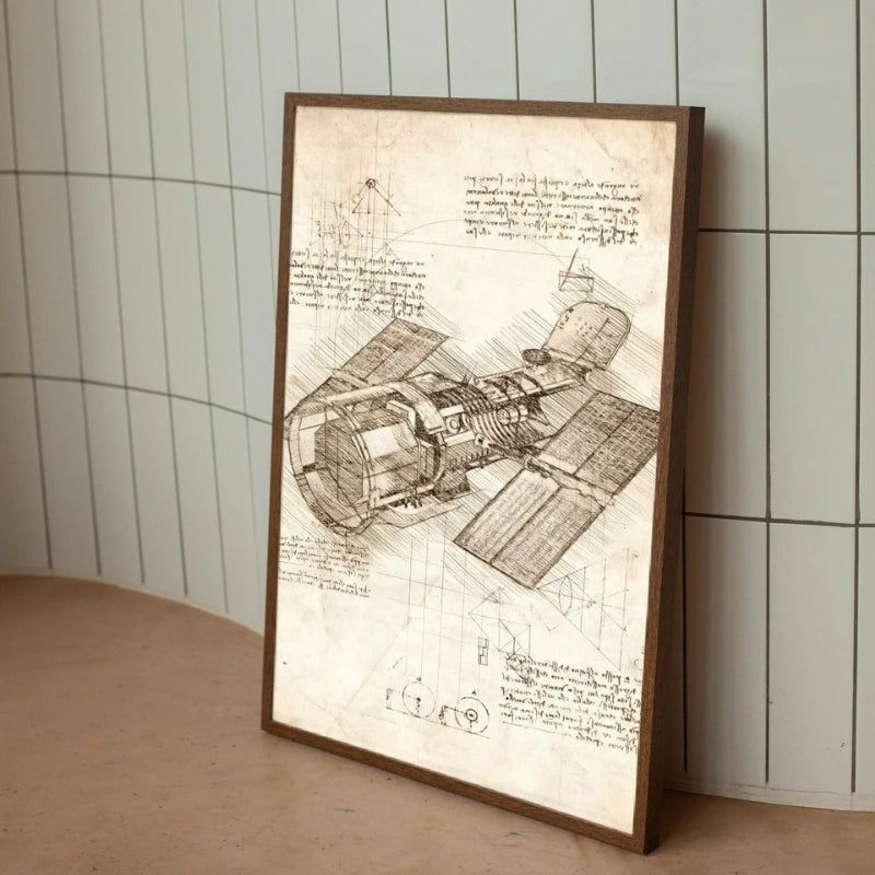 Framed blueprint of an airplane on a tiled wall