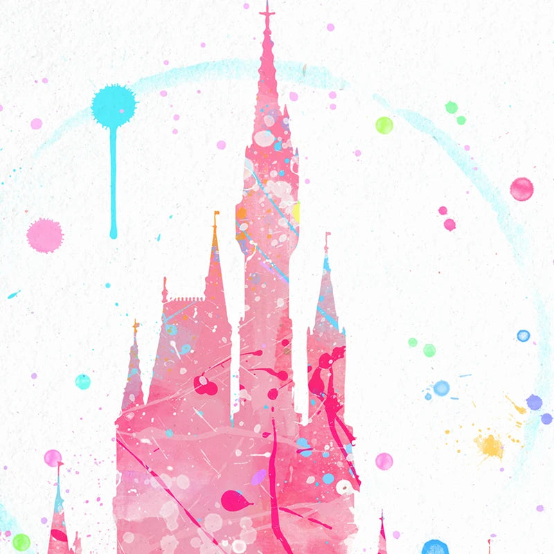 Colorful castle illustration with watercolor splashes on a white background