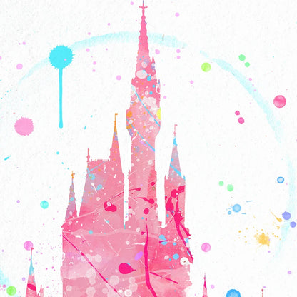 Colorful castle illustration with watercolor splashes on a white background