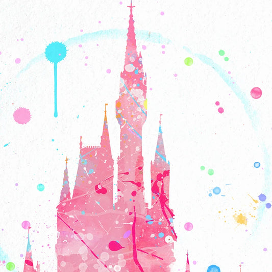 Colorful castle illustration with watercolor splashes on a white background Canvas & Curio