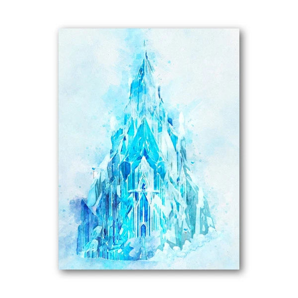 Artistic depiction of an ice castle in blue tones on a light blue background