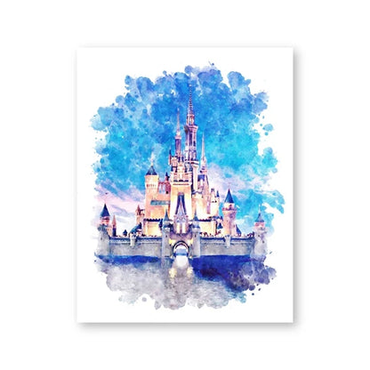 Watercolor painting of a castle with blue and purple splashes on a white background