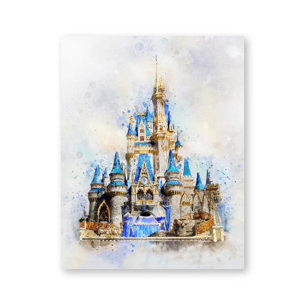 Fantasy castle illustration with blue spires on a light background