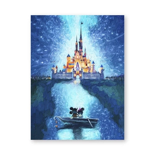 Fantasy castle with a path leading up to it, featuring two characters on a boat.