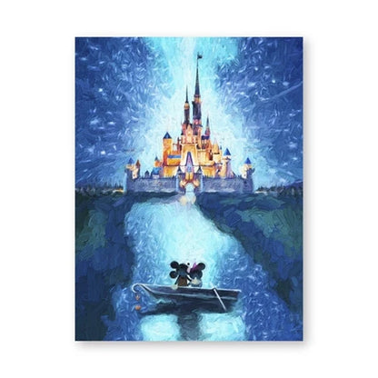 Fantasy castle with a path leading up to it, featuring two characters on a boat.