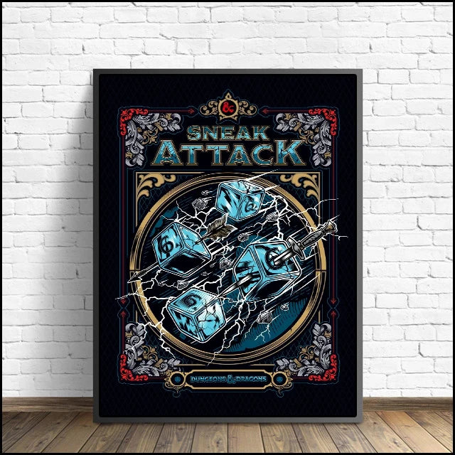 Framed poster with 'Sneak Attack' design on a white brick wall.