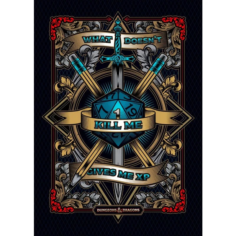 Decorative poster with a sword, shield, and dice design, featuring text and branding.