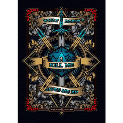 Decorative poster with a sword, shield, and dice design, featuring text and branding.