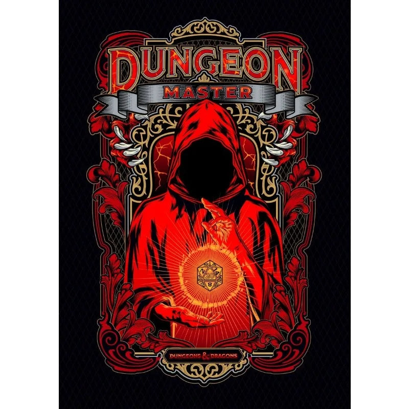 Illustration of a person in a red hood with 'Dungeon Master' text and decorative elements on a black background.