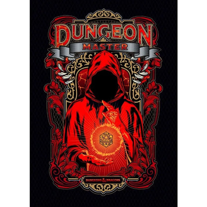 Illustration of a person in a red hood with 'Dungeon Master' text and decorative elements on a black background.
