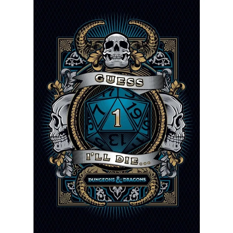 Decorative poster with skulls, dice, and text on a dark background