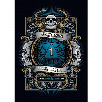 Decorative poster with skulls, dice, and text on a dark background
