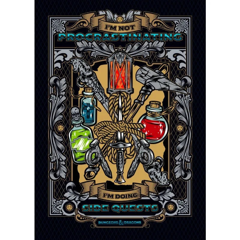 Decorative poster with potion bottles and text on a black background
