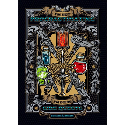 Decorative poster with potion bottles and text on a black background
