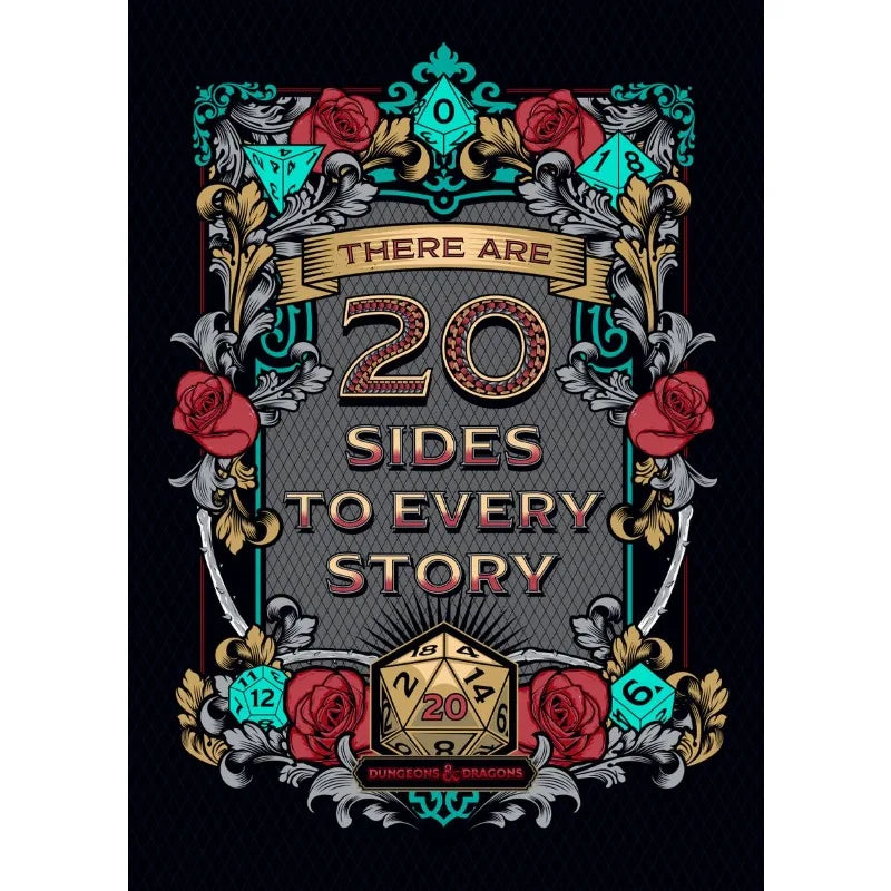 Decorative book cover with roses, a dice, and text on a black background
