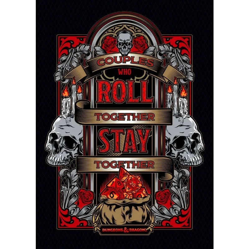 Decorative poster with skulls, roses, and text on a black background