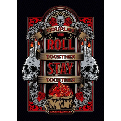 Decorative poster with skulls, roses, and text on a black background