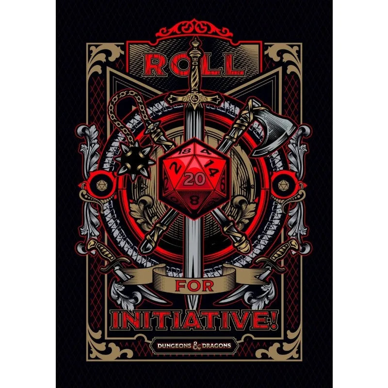 Decorative poster with a red die, crossed swords, and 'Roll for Initiative' text on a black background.
