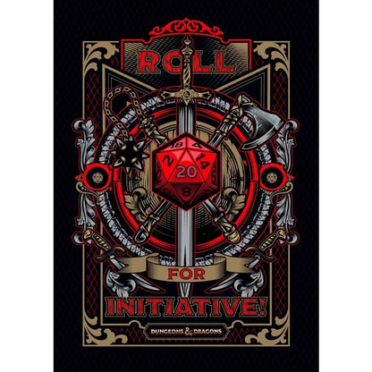 Decorative poster with a red die, crossed swords, and 'Roll for Initiative' text on a black background.