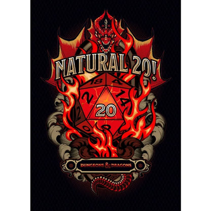 D20 dice with flames and a dragon, featuring 'Natural 20!' text on a black background.