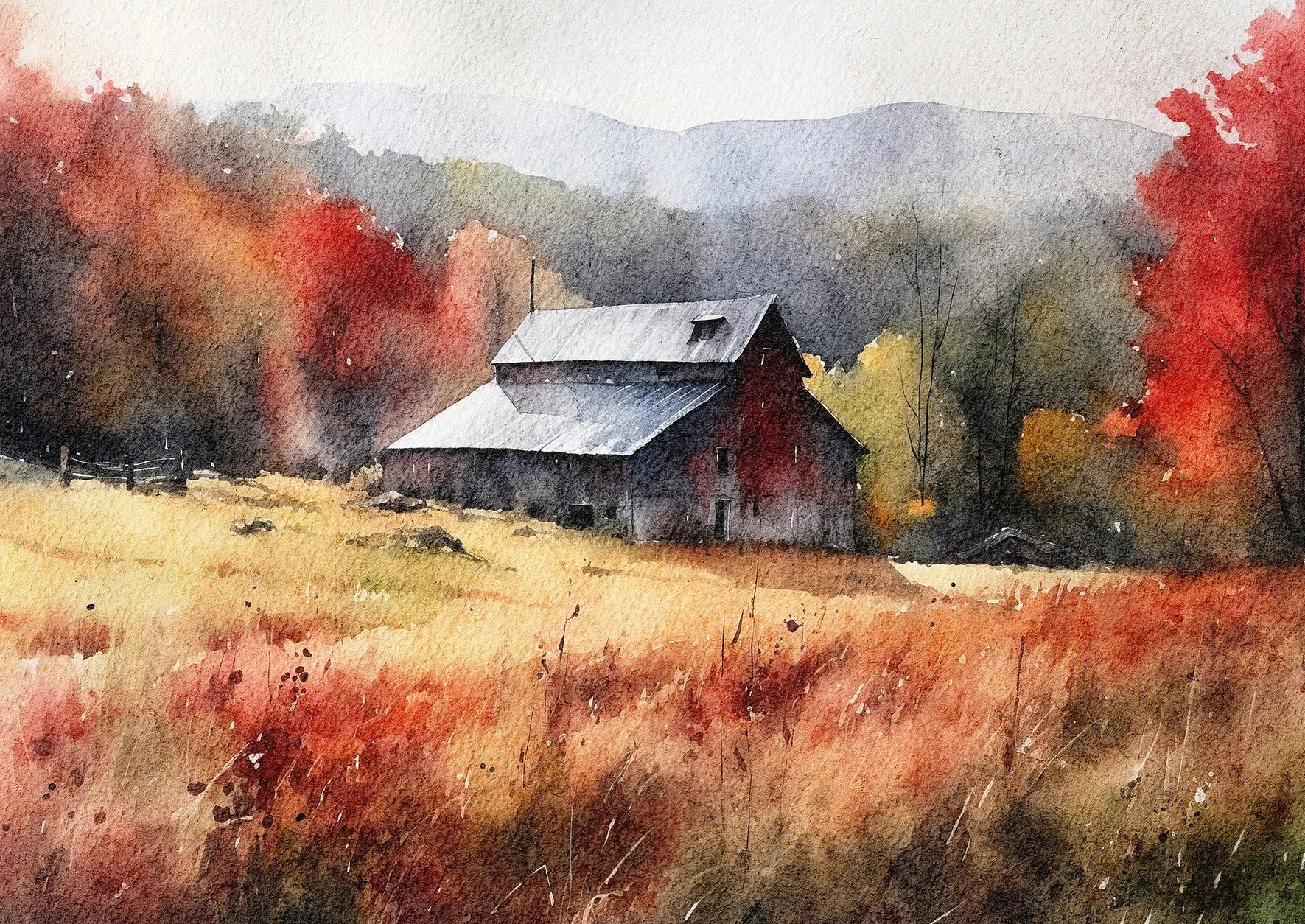 Watercolor painting of a barn in a field with autumn trees