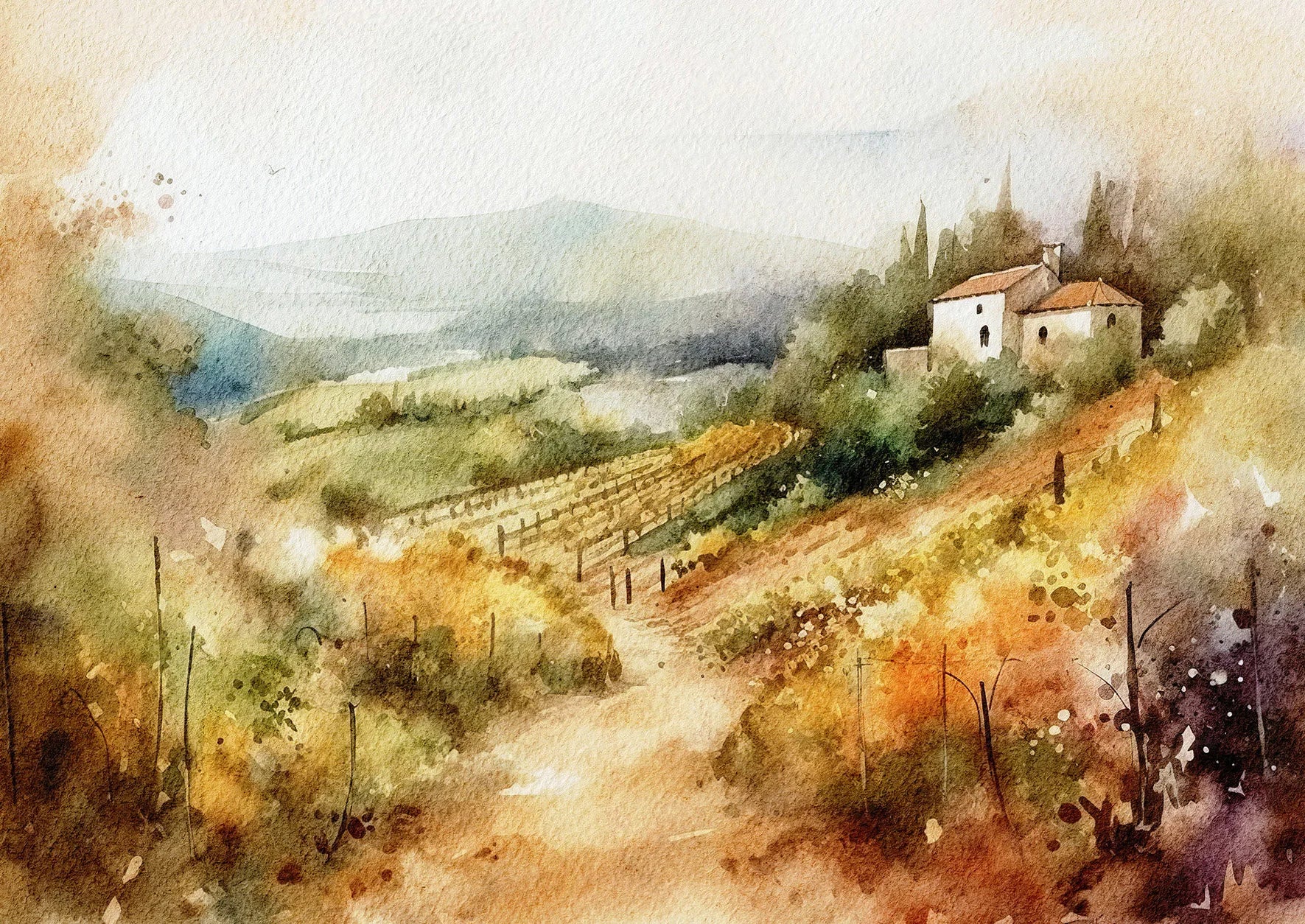 Watercolor painting of a rural landscape with a house and vineyards.