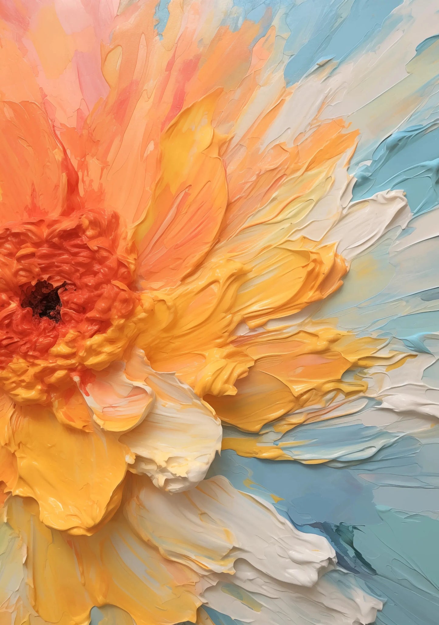 Colorful abstract painting of a flower with orange, yellow, and blue hues.