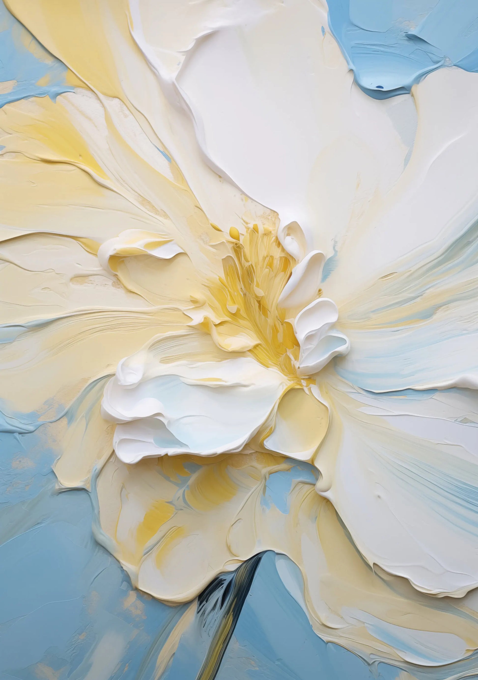 Close-up of a stylized flower with white and yellow petals on a blue background