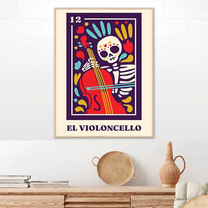 Framed artwork of a skeleton playing a violin with colorful abstract designs on a white wall.