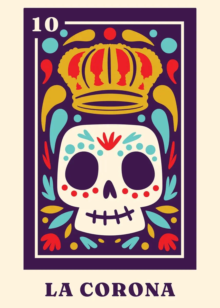 Colorful skull design with a crown labeled 'La Corona' on a purple border.
