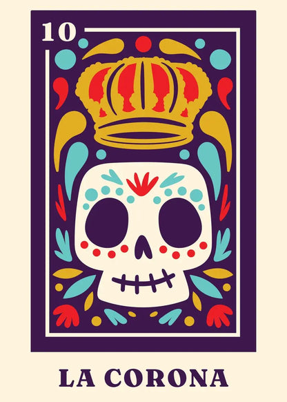 Colorful skull design with a crown labeled 'La Corona' on a purple border.