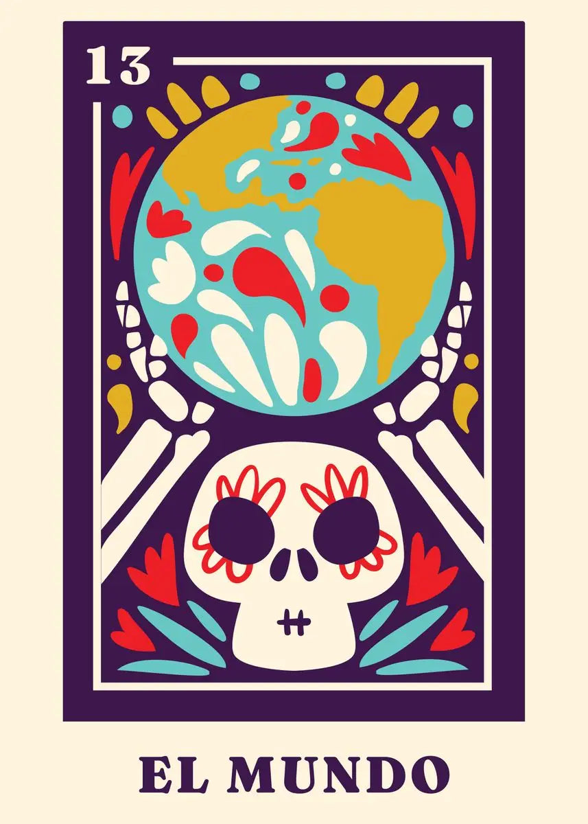 Cartoon-style world map with skull and bones on a purple background, featuring the text 'EL MUNDO' and number '13'.