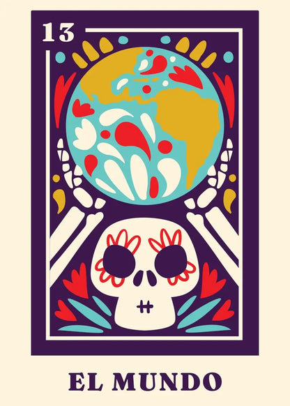 Cartoon-style world map with skull and bones on a purple background, featuring the text 'EL MUNDO' and number '13'.