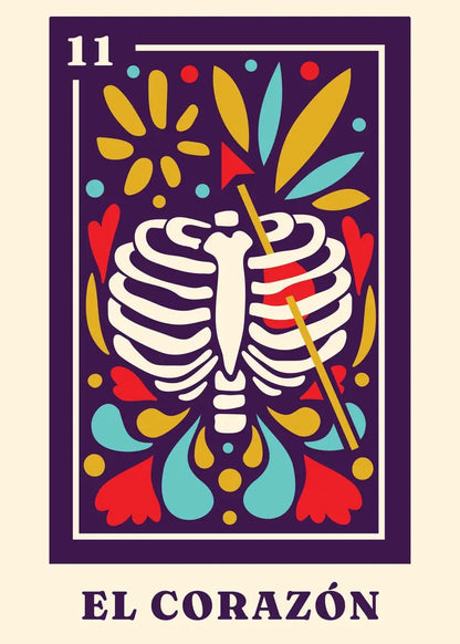 Card with a skeleton ribcage design and colorful abstract elements on a purple background, featuring the text 'El Corazon'.