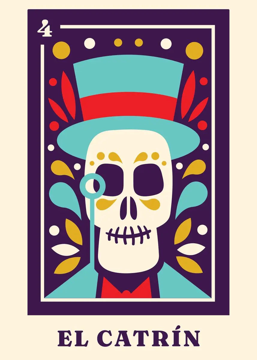 Illustration of a skeleton with colorful top hat and leaves, labeled 'El Catrón'.
