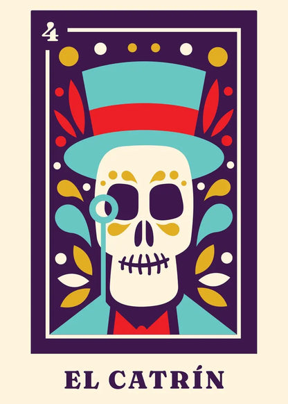 Illustration of a skeleton with colorful top hat and leaves, labeled 'El Catrón'.
