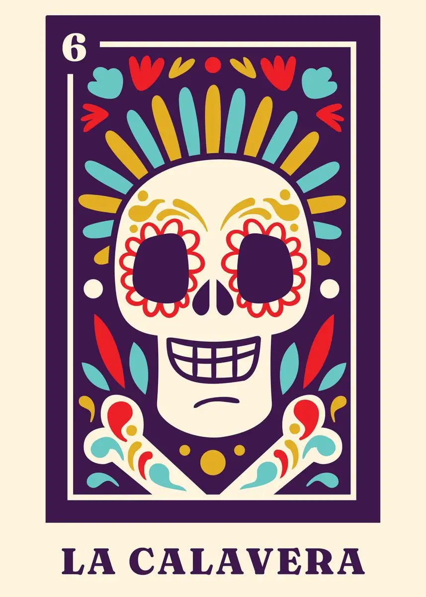 Colorful skull design with 'La Calavera' text on a beige background