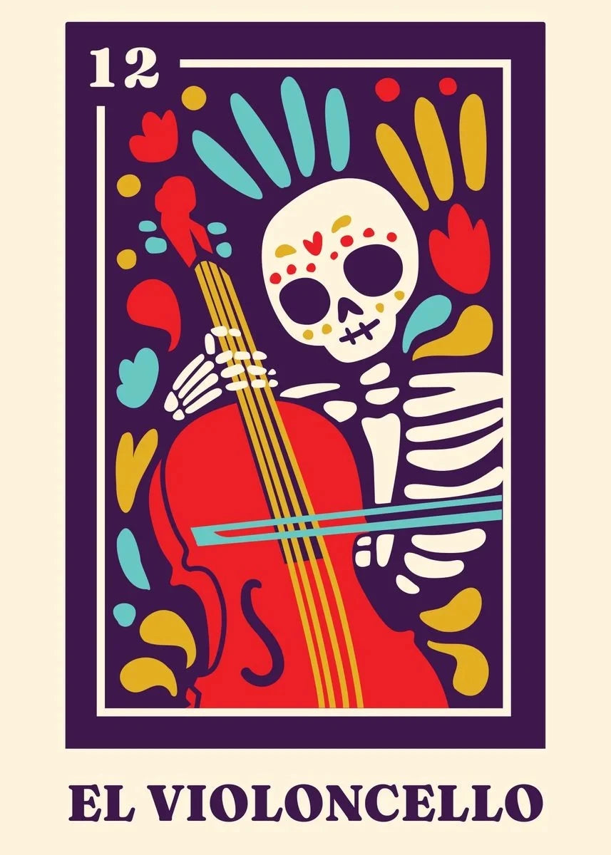 Skeletal figure playing a red violoncello with colorful abstract designs on a beige background