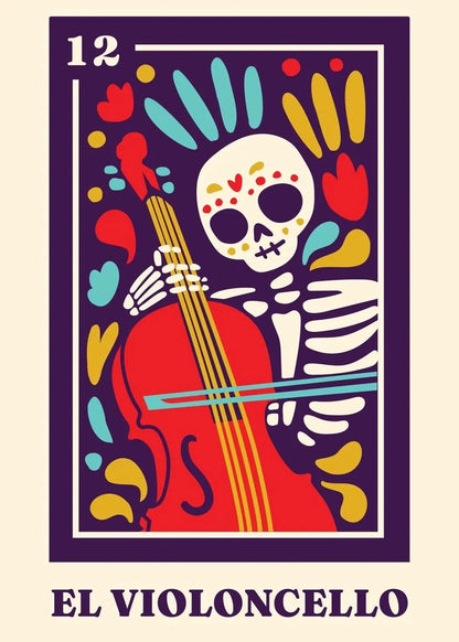 Skeletal figure playing a red violoncello with colorful abstract designs on a beige background