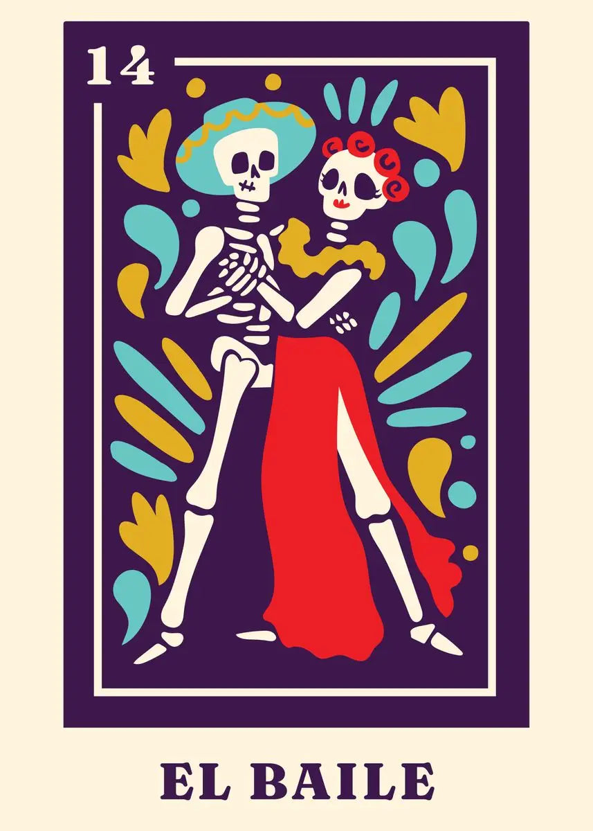 Colorful illustration of two skeletons in traditional attire with 'El Baile' text on a purple border.