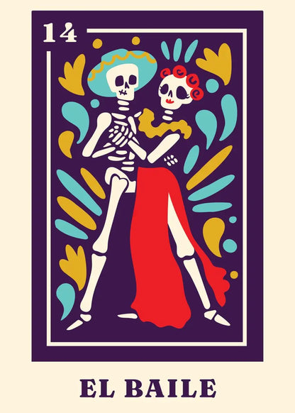 Colorful illustration of two skeletons in traditional attire with 'El Baile' text on a purple border.