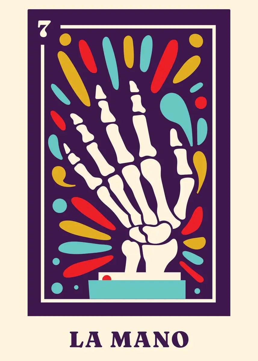 Colorful tarot card illustration of a skeleton hand with 'La Mano' text.